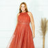VESTIDO DE GOLA TULE TRABALHADO